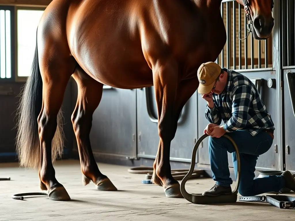 A draft horse standing patiently while a farrier fits a large, sturdy horseshoe, emphasizing the strength and stability required for heavy-duty workhorses.