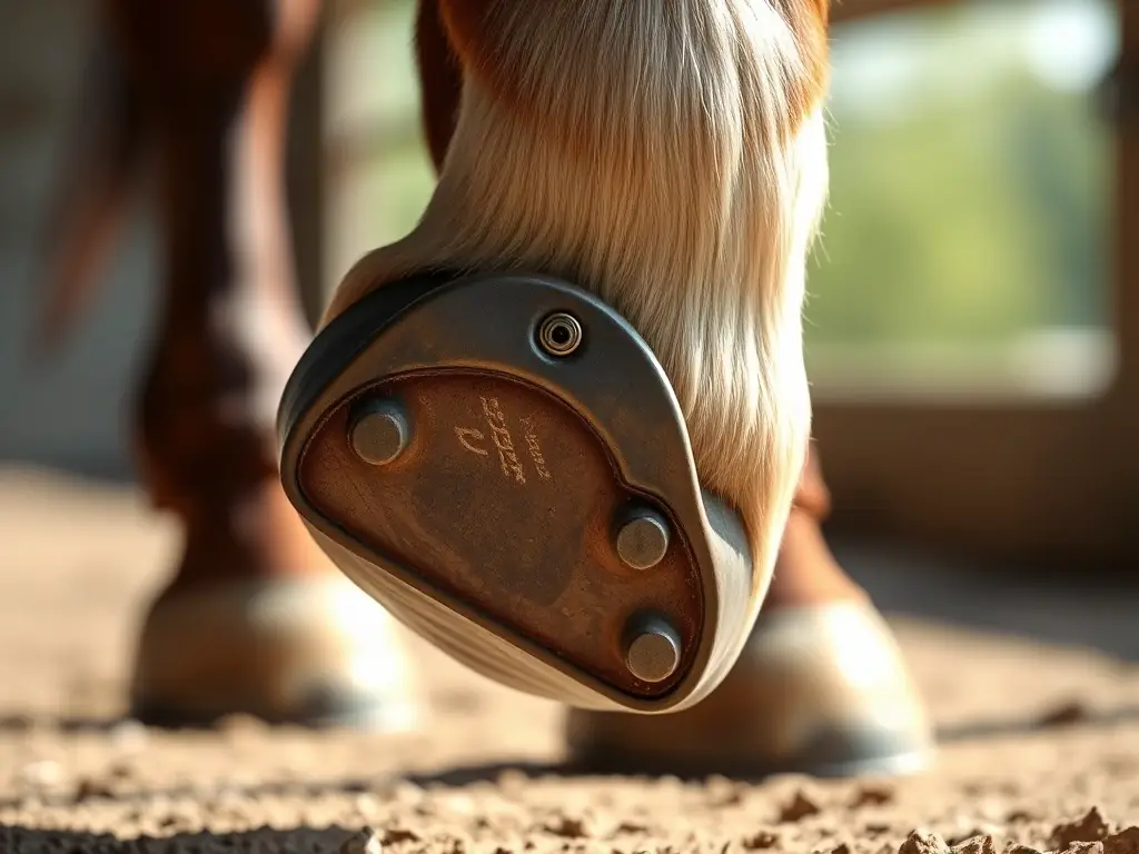 A close-up of a perfectly balanced horse hoof with a well-fitted horseshoe, highlighting the precision and care taken in the shoeing process to ensure optimal hoof health.