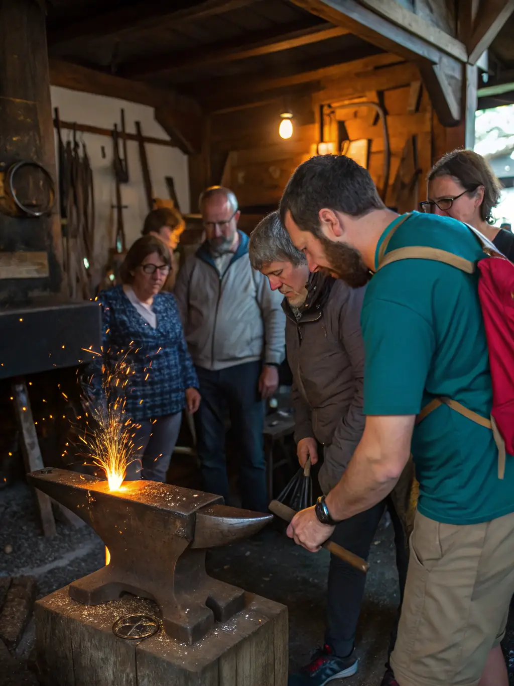 Close-up shot of a blacksmith's hands skillfully shaping molten metal with a hammer at Red Horse Forge, sparks flying, showcasing the artistry and precision involved in creating custom ironwork.