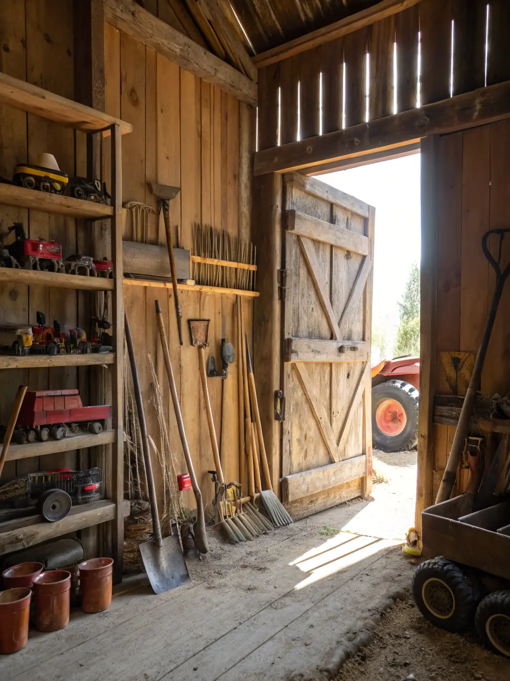 Image of a custom-designed horseshoe rack, handcrafted at Red Horse Forge, mounted on a barn wall, displaying various horse shoes and farrier tools.