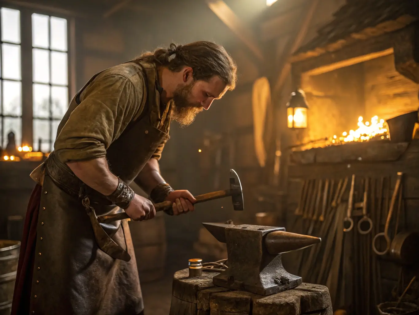 A farrier carefully shaping a horseshoe on an anvil in a well-lit forge, sparks flying as he hammers the hot metal, showcasing the craftsmanship involved in creating custom horseshoes.