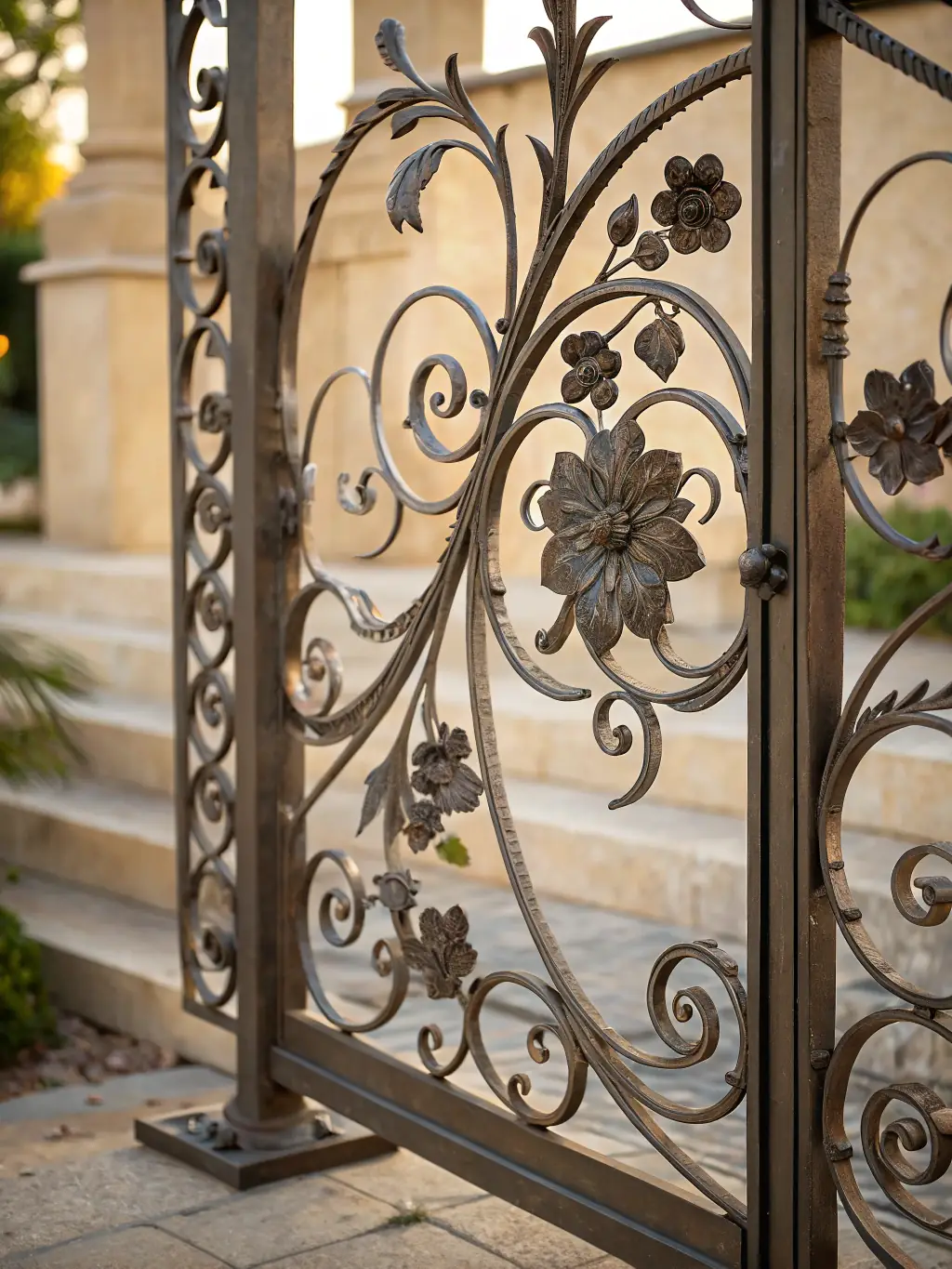 A detailed photograph of a decorative iron gate, showcasing intricate scrollwork and a horse motif, designed and forged by Red Horse Forge for a local equestrian estate.